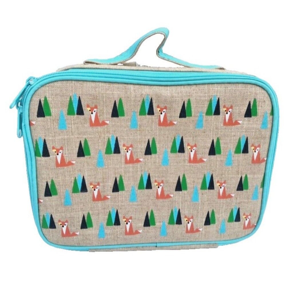 SoYoung Kid's Lunch Box Raw Linen Teal Fox Zipper Handle & New Shoulder Strap